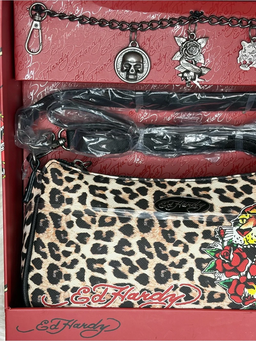 Ed Hardy Leopard Print Baguette Bag with Tiger & Rose Graphic - Charms Gift Set